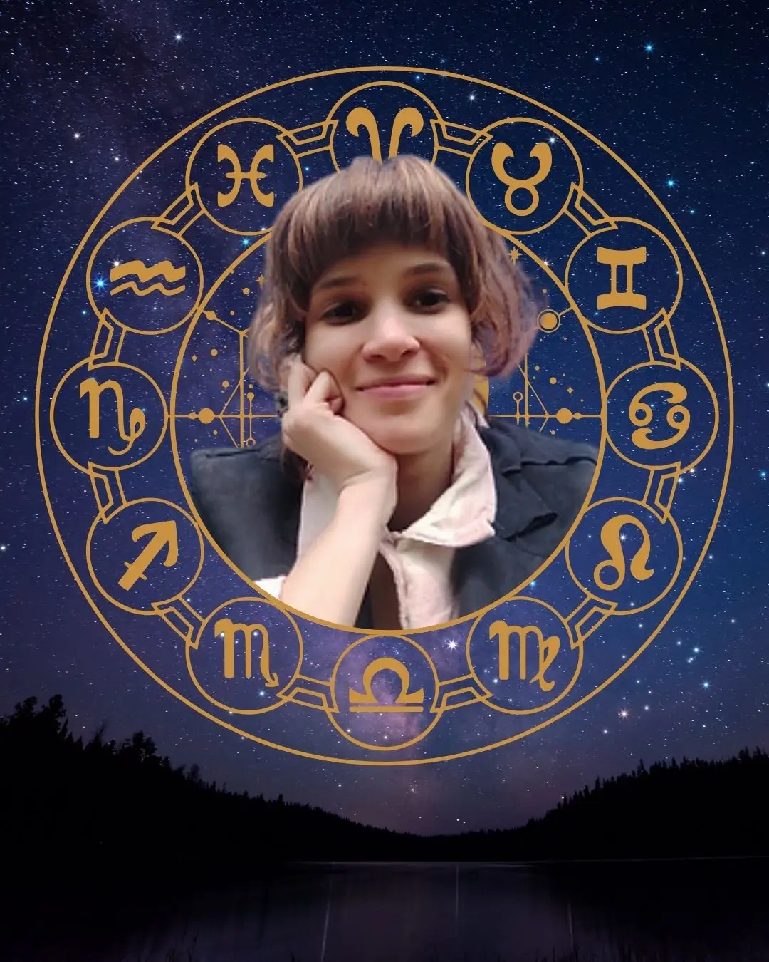 Astrologue Charlène devant un thème astral avec symboles du zodiaque sur fond étoilé